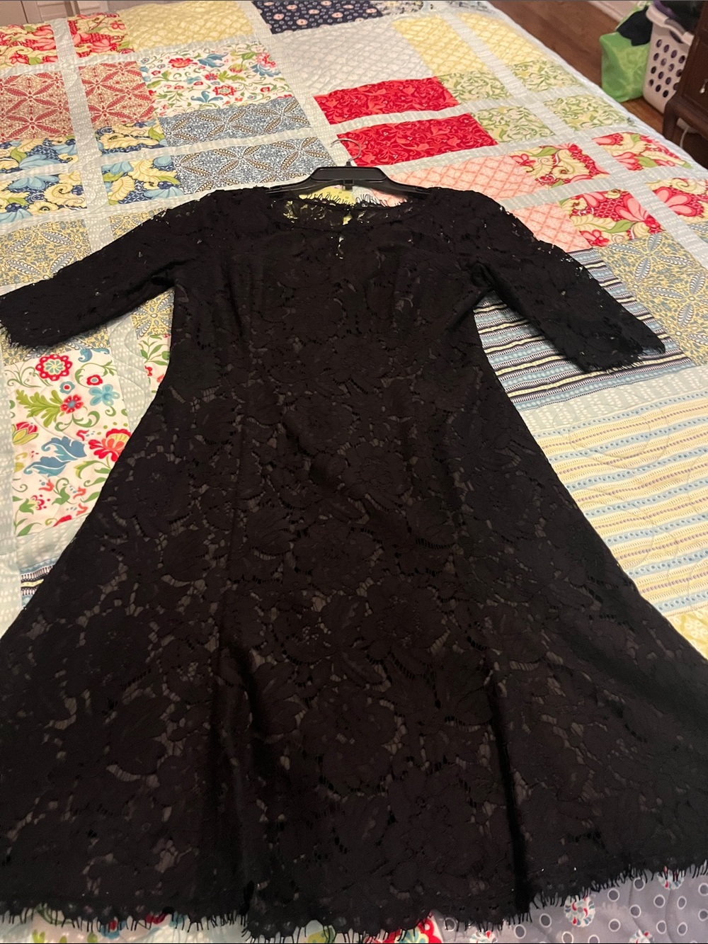 Eliza J Black Lace Midi Dress with Three-Quarter Sleeves